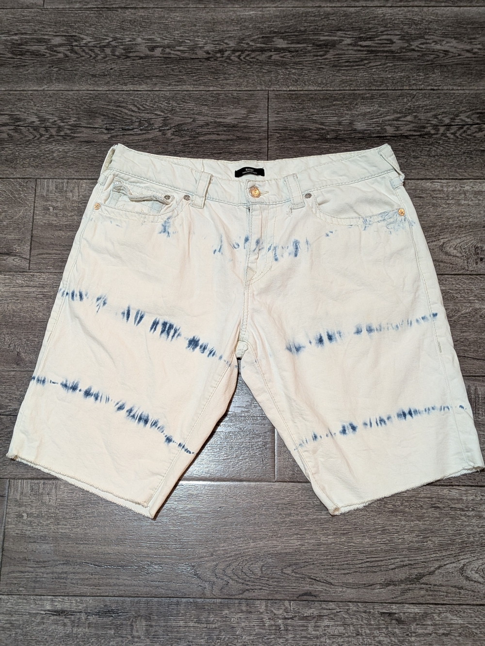 True Religion Ricky Denim Shorts 34 Cream Tie Dye Blue Raw Cut Off Distressed